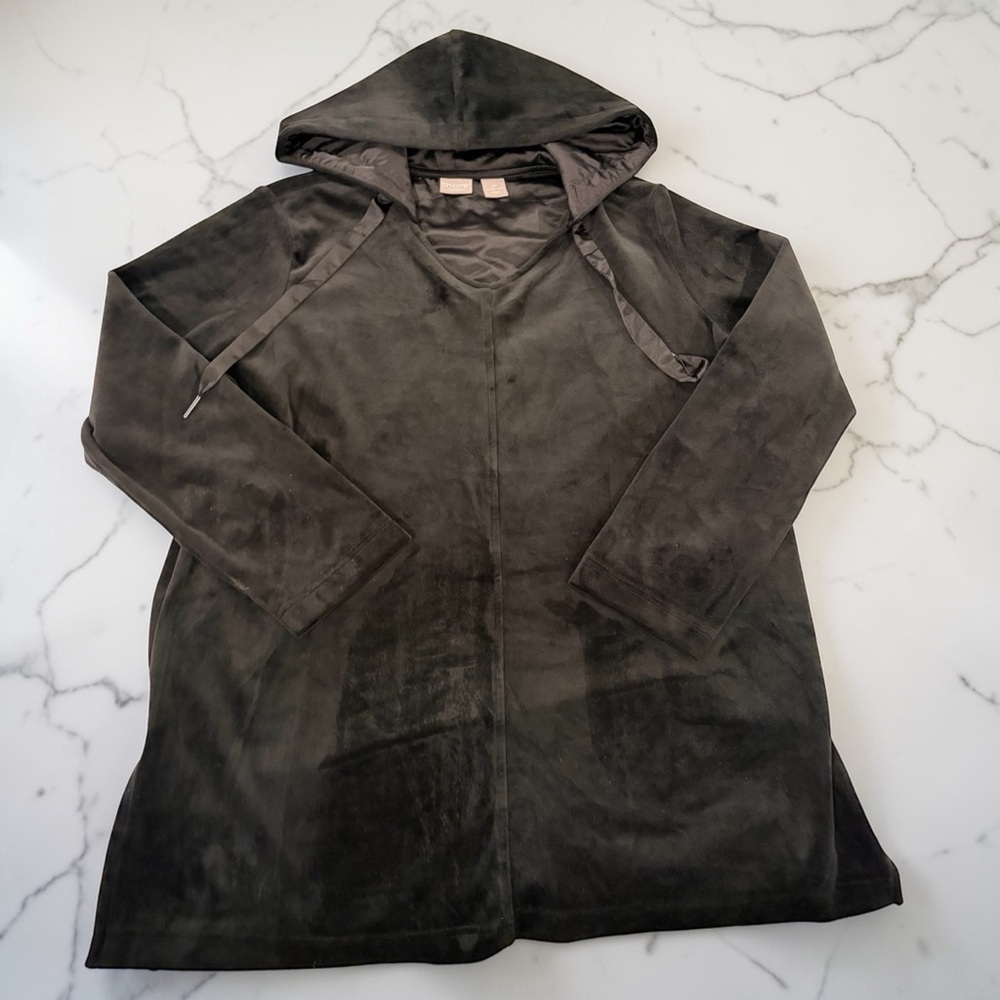 Chicos Zenergy Velour Hoodie Tunic Black V Neck Oversized Cozy Size‎ 2P